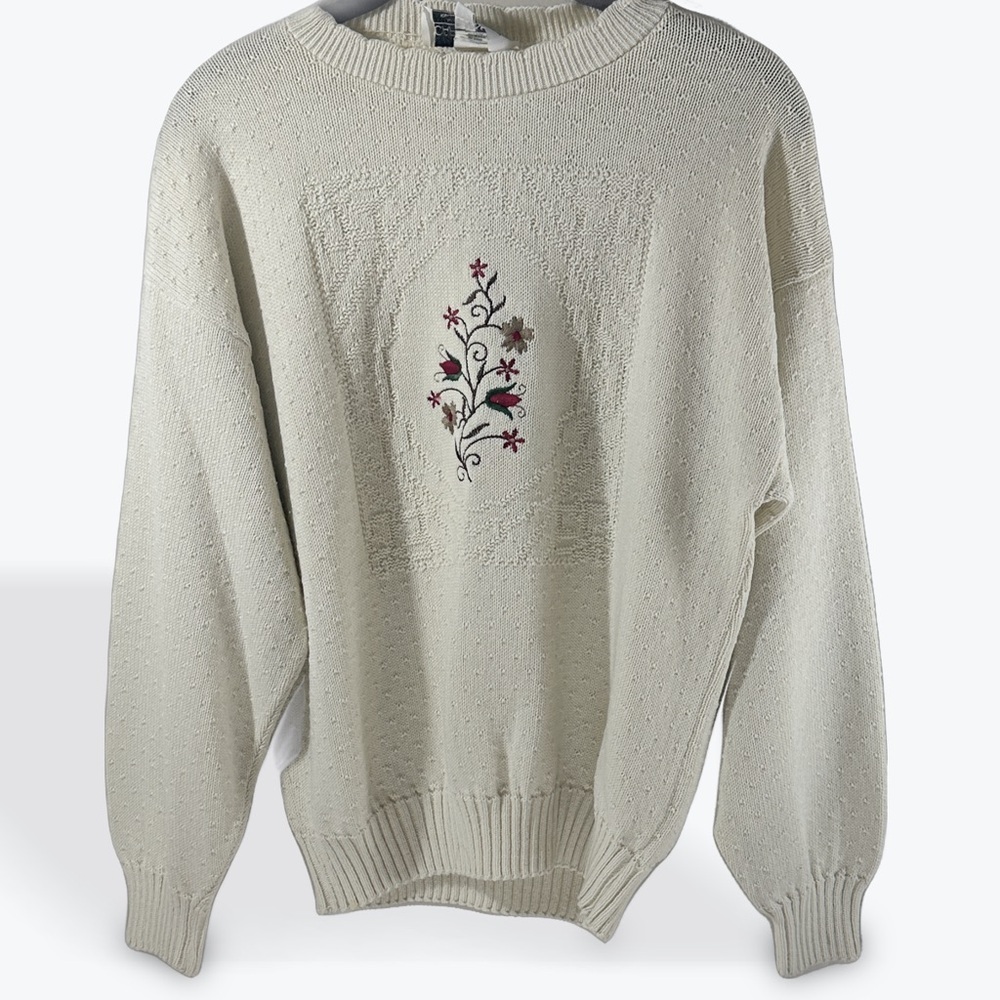 Vintage Carly Blake Ivory Crewneck Sweater with Floral Embroidery Medium Cotton